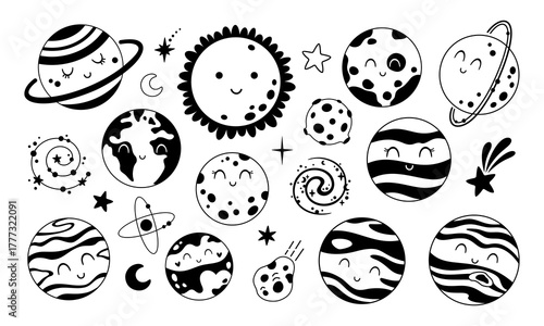 Cute planets and solar system clipart set for kids space design. Cartoon black and white cosmos doodle. Vector illustration.