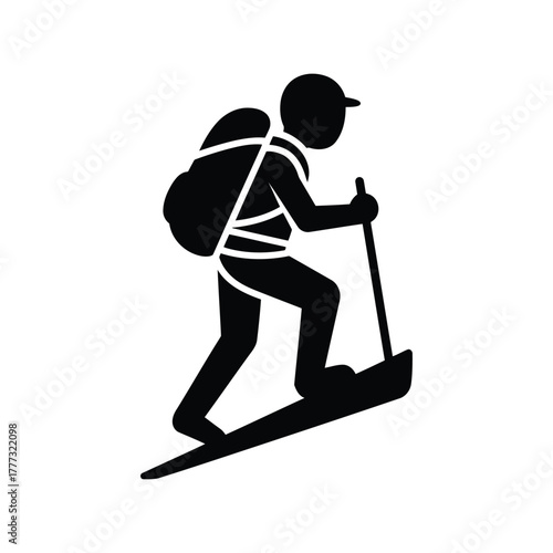 Hiker climbing uphill icon with backpack and trekking pole. mountain adventure graphic. isolated on white background, Vector