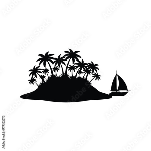 Tropical island paradise silhouette with palm trees and sailboat vector icon isolated on white background, Vector