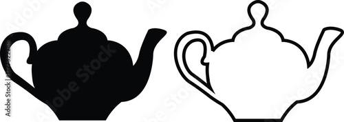 Teapot icon set flat, outline styles. Vintage and modern tea kettles, classic and contemporary designs, vectors illustration for café menu, kitchen decoration, restaurant branding, beverage packaging.