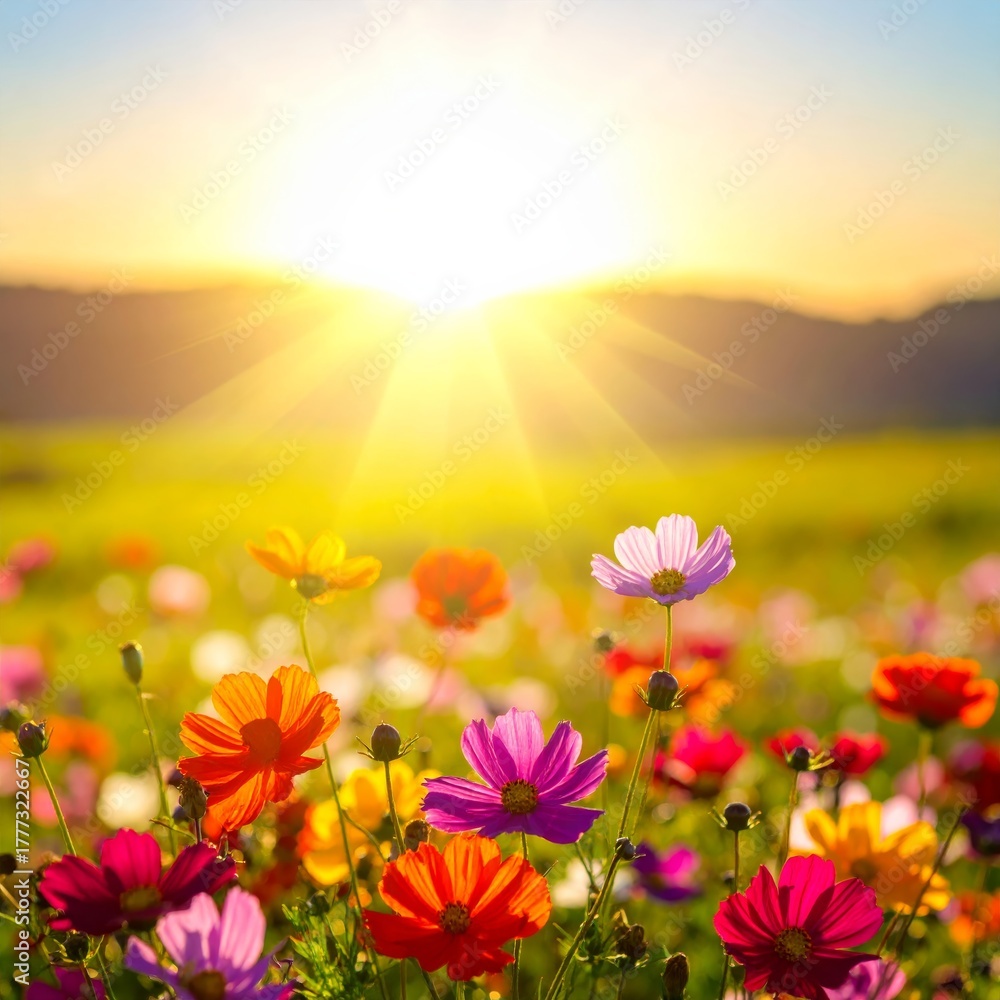 Obraz premium Pink and orange cosmos flowers bloom beautifully in a field under a clear blue sky