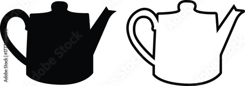 Teapot icon set flat, outline styles. Vintage and modern tea kettles, classic and contemporary designs, vectors illustration for café menu, kitchen decoration, restaurant branding, beverage packaging.