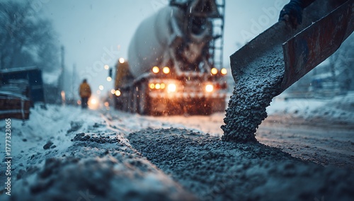 Winter construction worker in reflective uniform pouring concrete on snowy street with trucks in the background, creating contrast between cold weather and warm work environment.