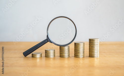 Magnifying glass on golden coins.  Concept focus on business search and find information.