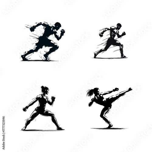 MMA Fighters in Training Silhouettes Vector Set