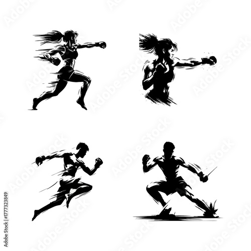 MMA Fighters in Dynamic Action Black and White Silhouettes