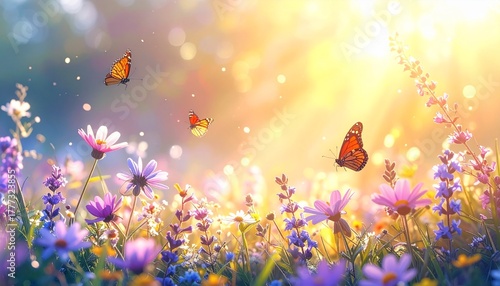 Wallpaper Mural 花畑と蝶が舞うパステル調の春の背景 Torontodigital.ca