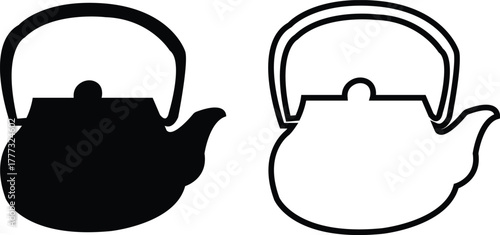 Teapot icon set flat, outline styles. Vintage and modern tea kettles, classic and contemporary designs, vectors illustration for café menu, kitchen decoration, restaurant branding, beverage packaging.