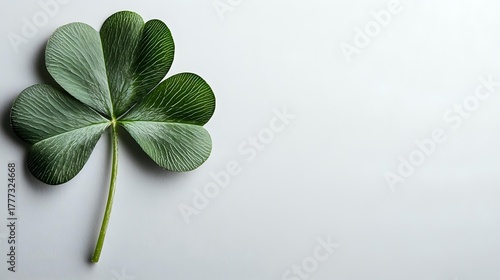 Four-leaf clover on white background, symbol of luck and Irish tradition, with detailed green leaves and visible veins.