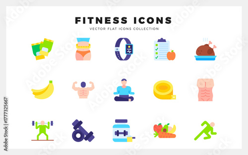 15 Fitness Flat icons pack. vector illustration.