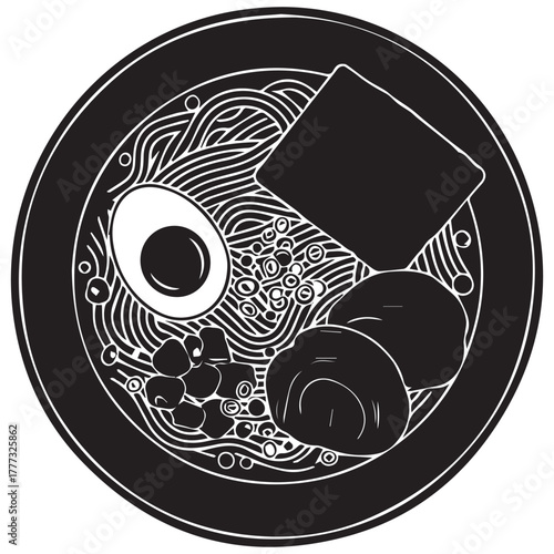Stylized black and white illustration of a delicious bowl of ramen noodles