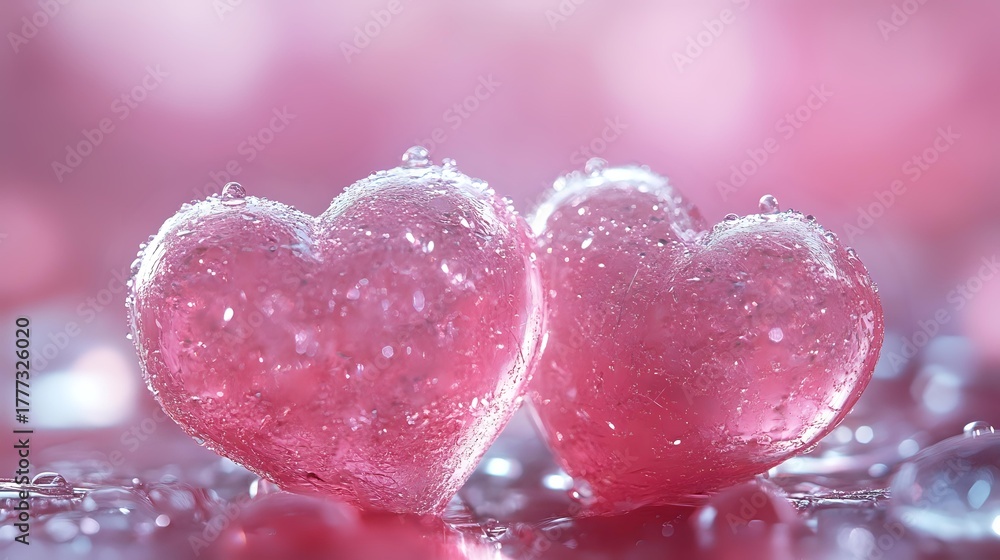 Obraz premium Translucent pink heart-shaped candies with water droplets on wet surface against soft pink bokeh background for Valentine's Day or romantic concept.