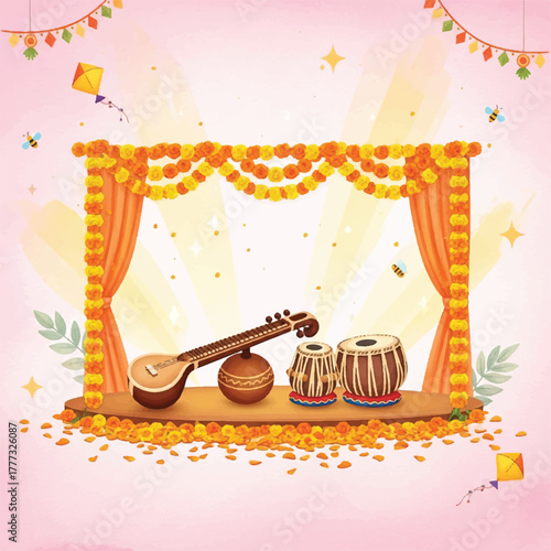 Illustration of a stage decorated with marigolds, featuring a veena and tabla, likely for a cultural or musical event.