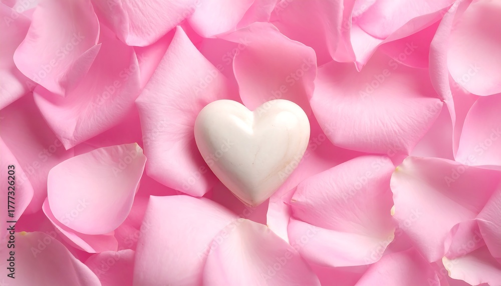Fototapeta premium Pink rose petals surround a small, white heart shape in a close-up, soft-focus, romantic composition
