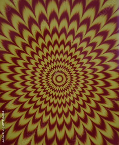 Abstract hypnotic spiral pattern in yellow and red tones creating an optical illusion effect. The radiating design forms concentric waves that draw the viewer’s eye to the center.