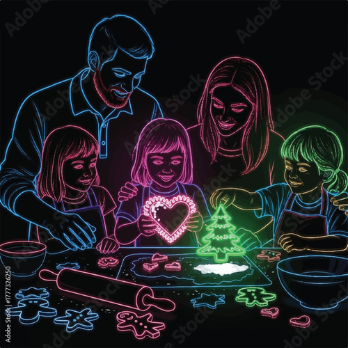 A family of five, illuminated with neon outlines, baking Christmas cookies together on a black surface, using cookie cutters.