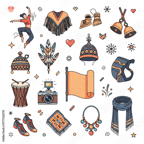Collage of assorted bohemian-style illustrations including a dancer, clothing, accessories, musical instruments, and decorative elements on a white background.