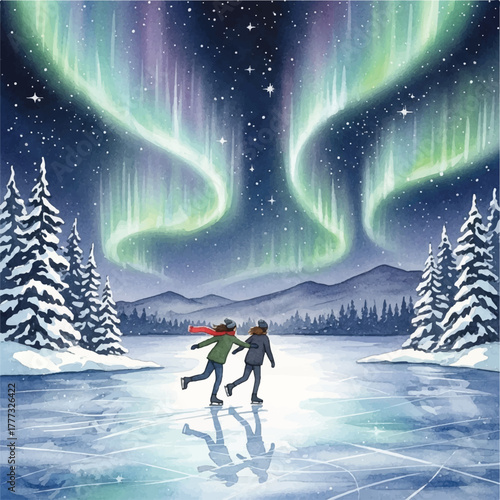 Two people ice skating on a frozen lake under the vibrant aurora borealis, surrounded by snow-covered pine trees and distant mountains.