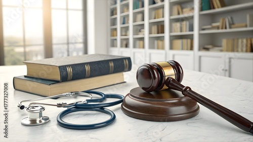 Books with stethoscope and gavel. Medical law and healthcare ethics concept.