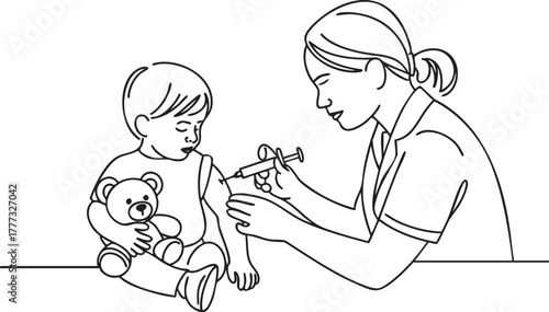 Continuous single line drawing of female healthcare professional giving vaccine to young girl with teddy bear, symbolizing pediatric care and immunization awareness