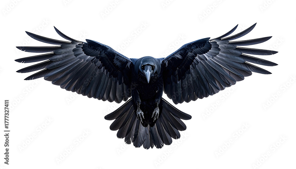Obraz premium Raven soars, wings spread wide against a black background