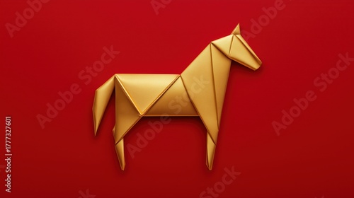 A golden origami horse elegantly folded on a rich red silk background. Lunar New Year campaigns, 2026 holiday posters, zodiac branding materials, festive packaging design, decorative art prints