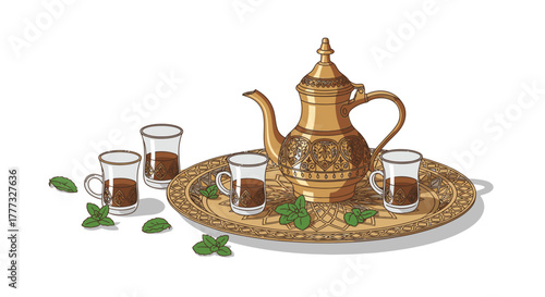 Moroccan tea service with golden teapot, glasses, and mint leaves on a tray.