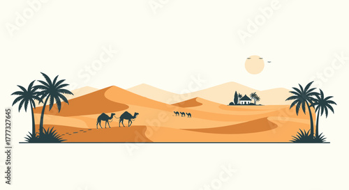 A caravan of camels traverses a vast desert landscape with palm trees and distant buildings under a bright sun.