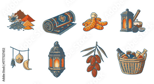 Collection of illustrations depicting various elements associated with Ramadan celebrations and Islamic traditions.