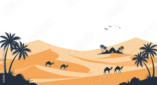 A caravan of camels traverses sand dunes under a clear sky with palm trees and distant tents.