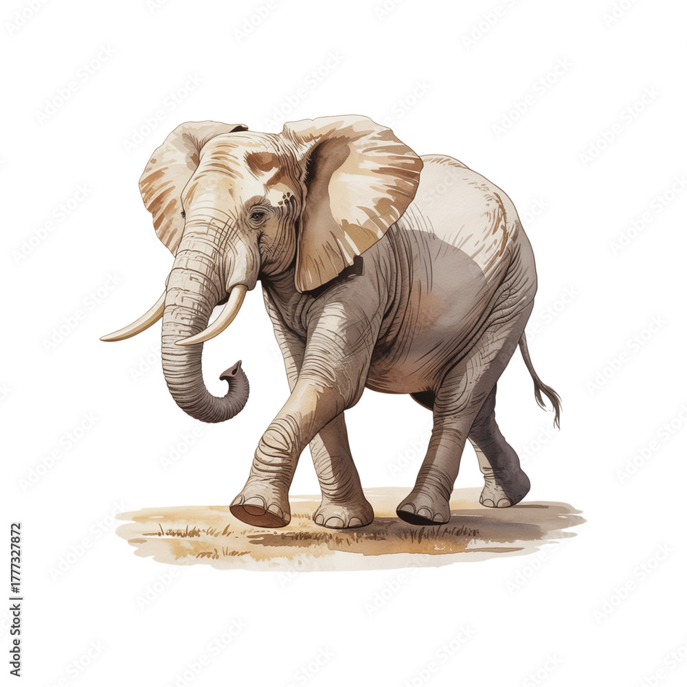 Fototapeta premium Striding African elephant of elegant watercolor safari illustration in PNG file