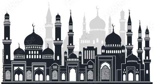 A silhouette of a grand mosque complex with multiple domes and minarets against a light background.
