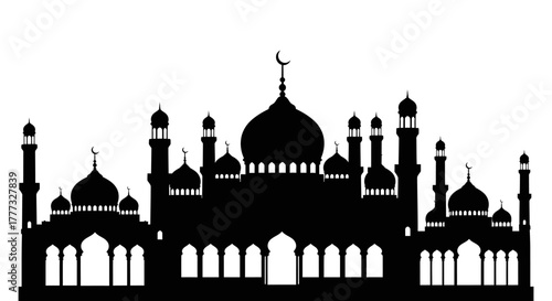Detailed black silhouette of a grand mosque with multiple domes and minarets, featuring crescent moon symbols, against a white background.