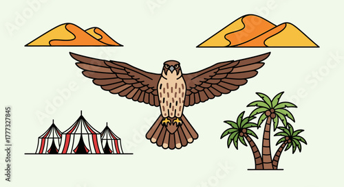 Illustration of a desert landscape with a falcon, sand dunes, tents, and palm trees.