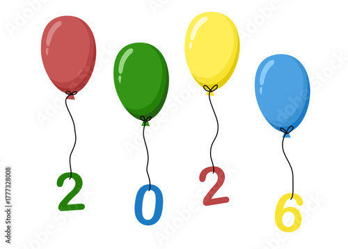 Colorful helium balloons with 2026 number isolated on white background for party, birthday, and celebration new year design