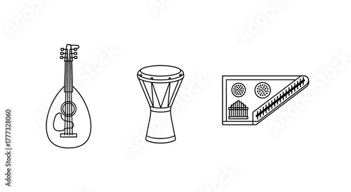 Musical instruments: lute, goblet drum, and qanun, in black and white line art.