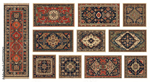 Collection of various Persian rugs with intricate patterns and designs, showcasing traditional craftsmanship.