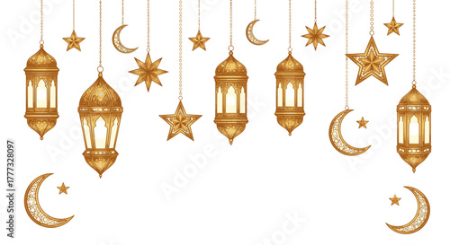 Ramadan decorations: golden lanterns, stars, and crescent moons hanging against a white background.