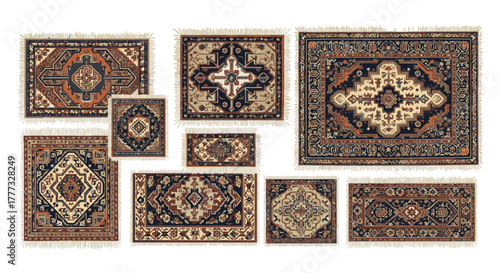 Collection of oriental rugs with intricate patterns and fringe.