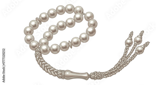Illustration of a string of white prayer beads with silver tassel.