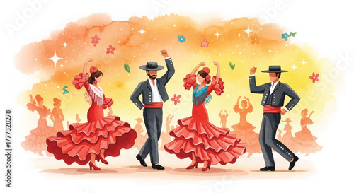 Illustration of two couples performing a vibrant flamenco dance in traditional attire against a colorful, festive backdrop with silhouettes of onlookers.