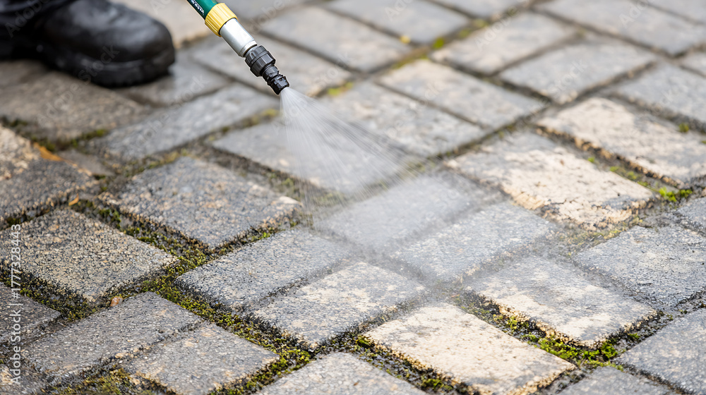 Fototapeta premium Outdoor surface cleaning with a pressure washer, removing dirt and moss from cobblestone pavers with high-pressure water for maintenance and restoration purposes.