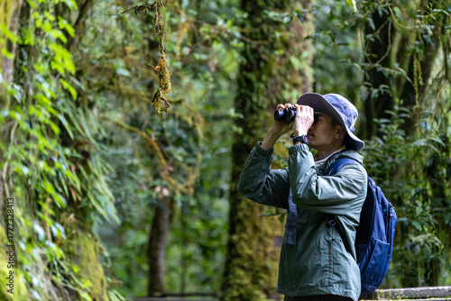 Bird watcher is looking through binoculars while exploring in the pine forest for surveying and discovering the rare biological diversity and ecologist on field study concept