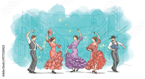 Five flamenco dancers, three women in ruffled dresses and two men in vests, perform on a street with buildings in the background.