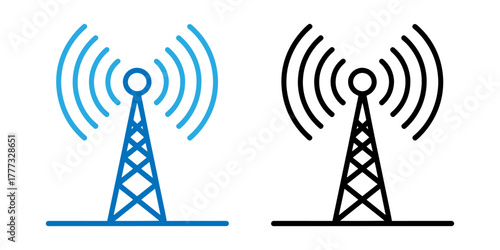 Communication tower icon set in dual tone blue and black simple technology vector illustration for wireless signal isolated on white background