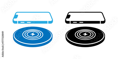 Wireless charging technology gadget vector icon set flat design illustration, dual tone and black, of smartphone and charger isolated on white background