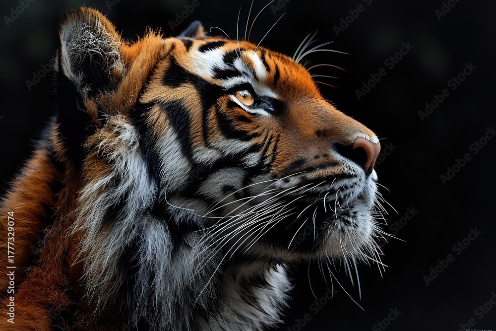 Obraz premium Majestic Sumatran tiger head in profile against dark background, showcasing detailed fur texture, striking orange and black stripes, and intense gaze looking upward.