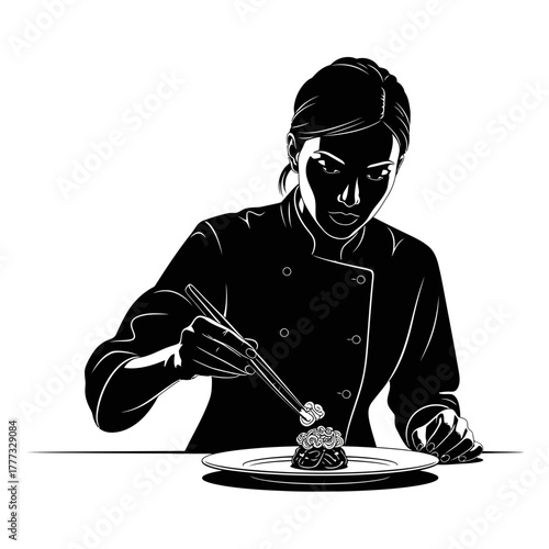 Chef Woman Plating Dish With Tongs Professional Culinary Artist Silhouette