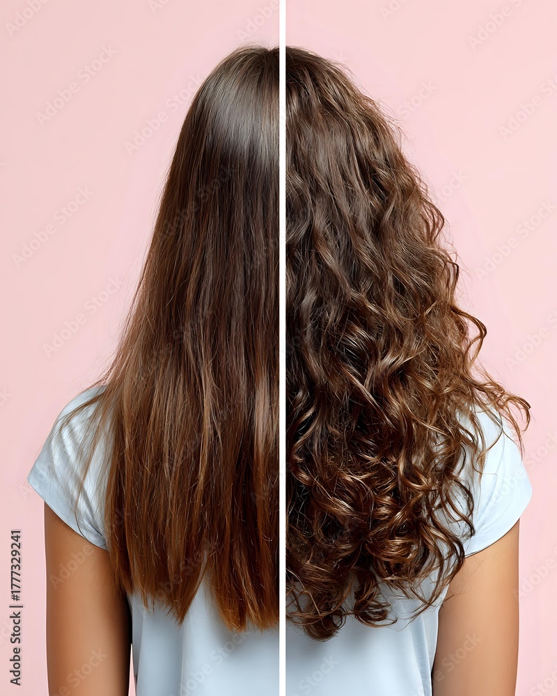 Fototapeta premium Before and after hair styling comparison showing straight brown hair transformed into voluminous curls against pink background, demonstrating salon treatment results.