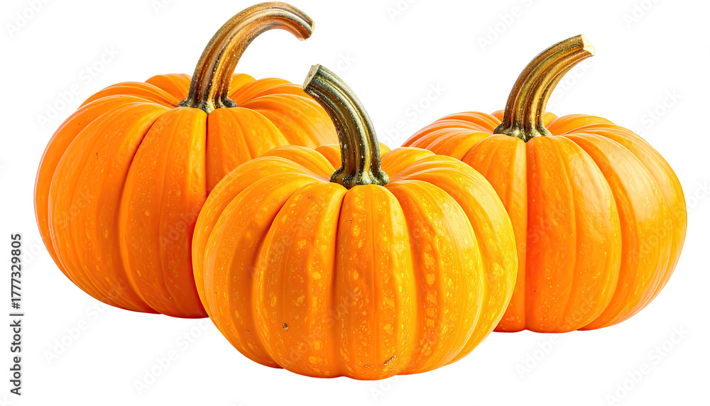 Obraz premium Three orange pumpkins, ridged with twisted stems, on dark background